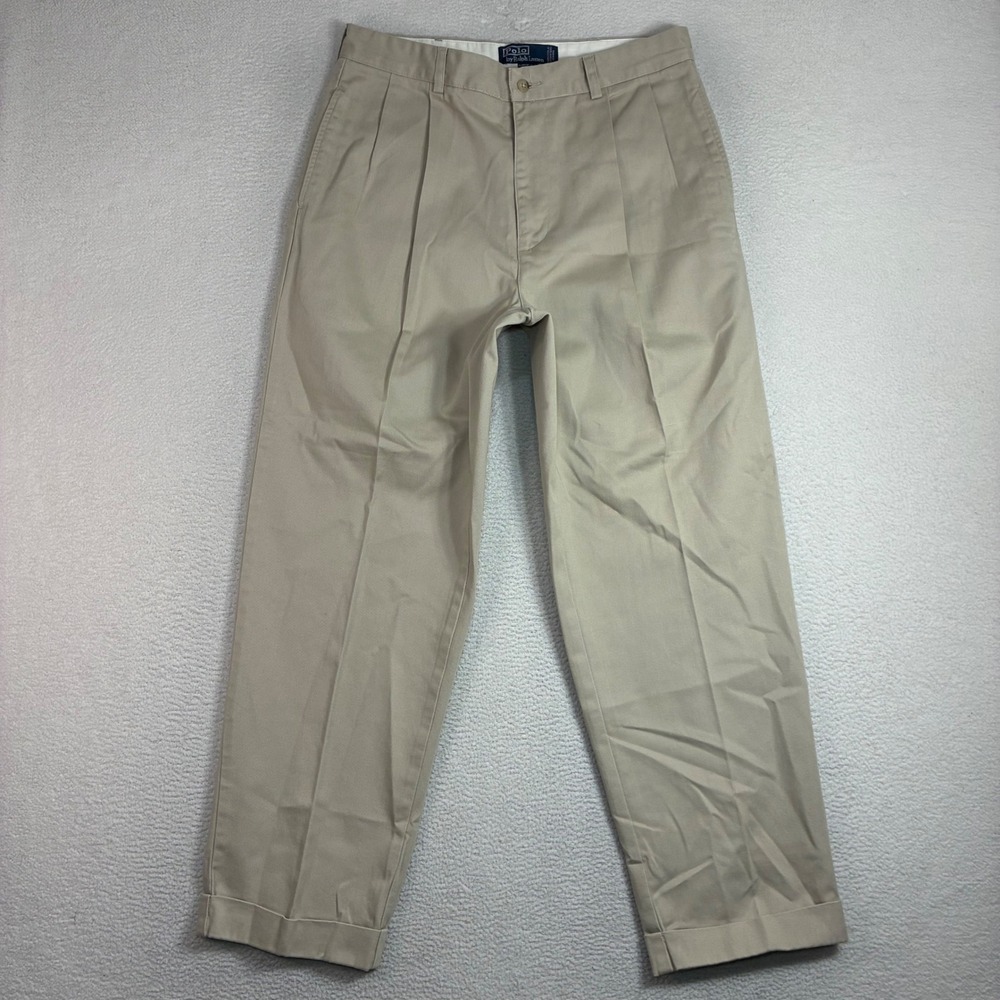 Vintage Polo Ralph Lauren Hammond Chino Pant Men 34x30 Beige Pleated Preppy Cuff